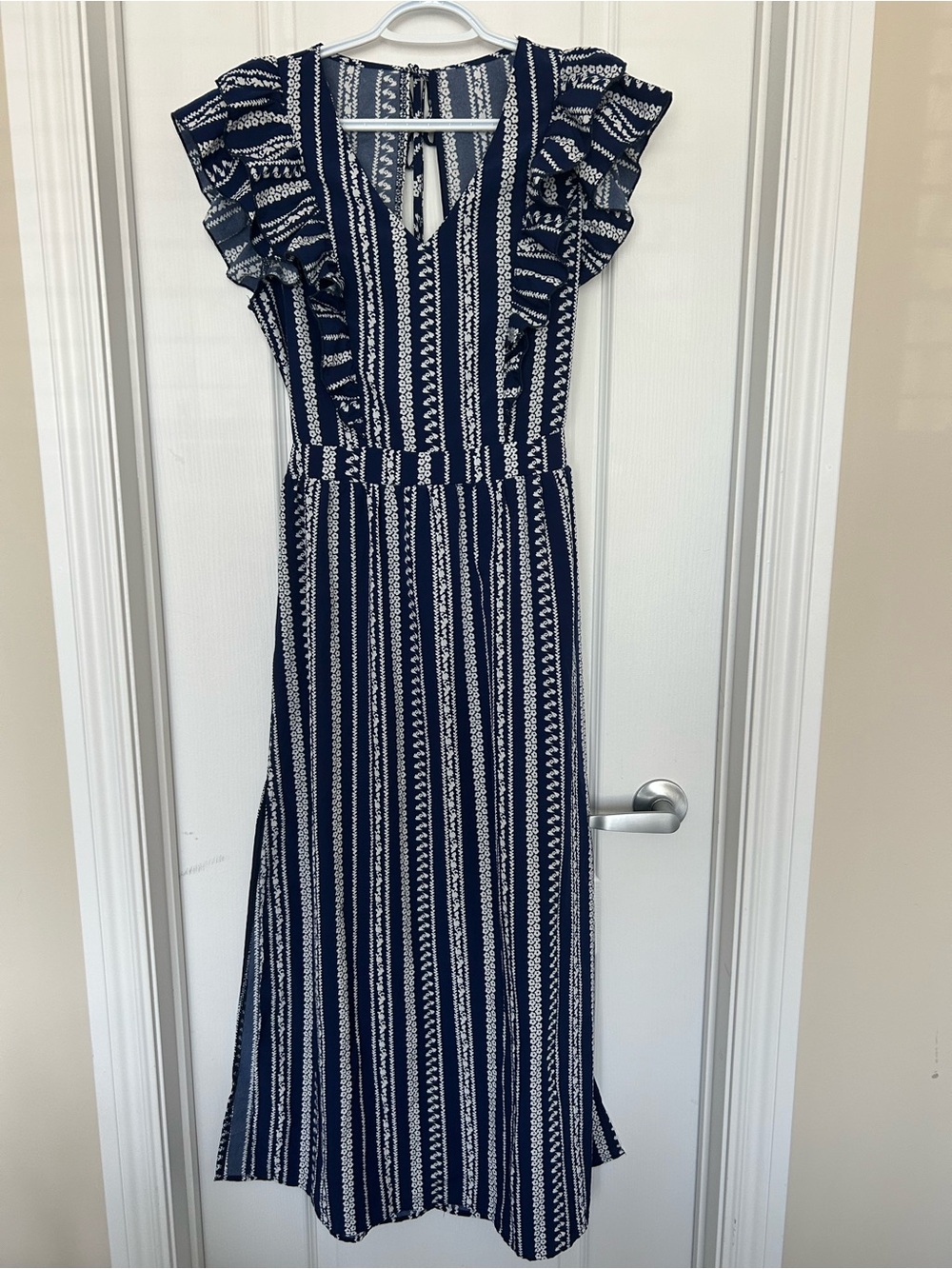 Navy and White Striped Ruffle Sleeve Maxi Dress